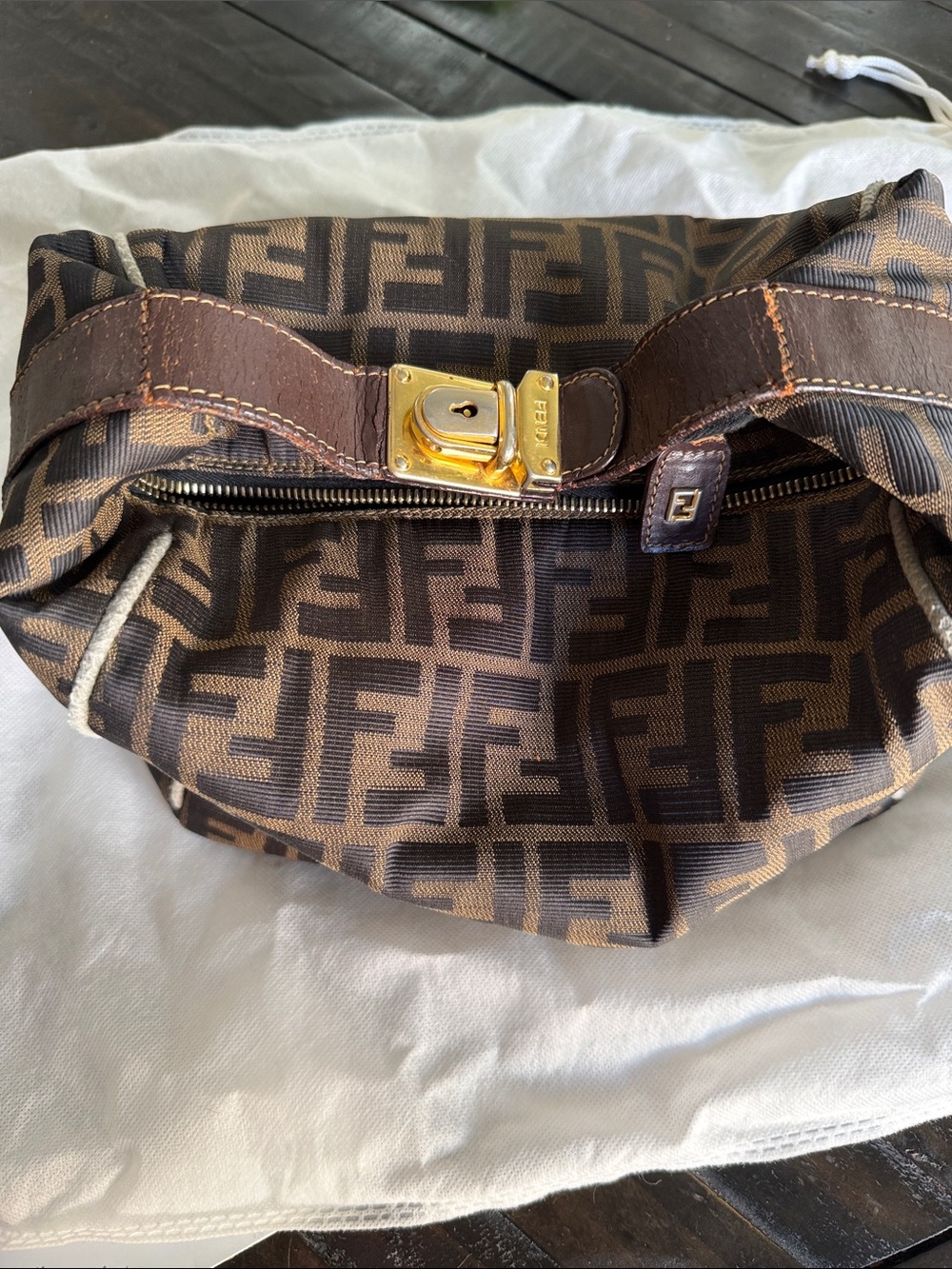 Fendi Brown and Dark Brown FF Canvas Bag with Gold Lock
